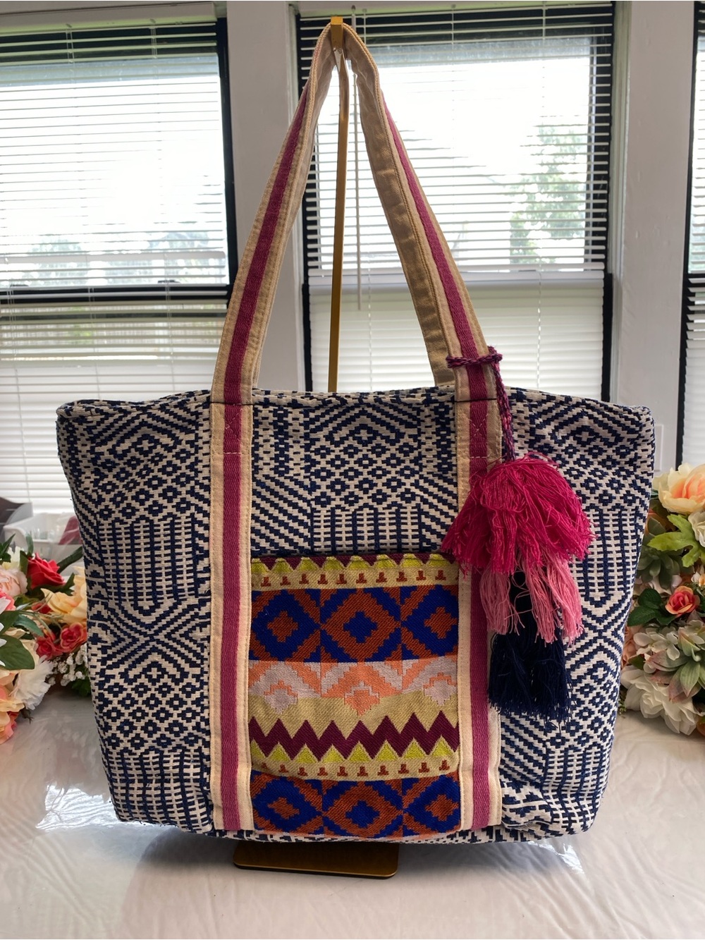 Boho Geometric Woven Zip Tote Navy Cream Multicolor Tassels Large Carryall